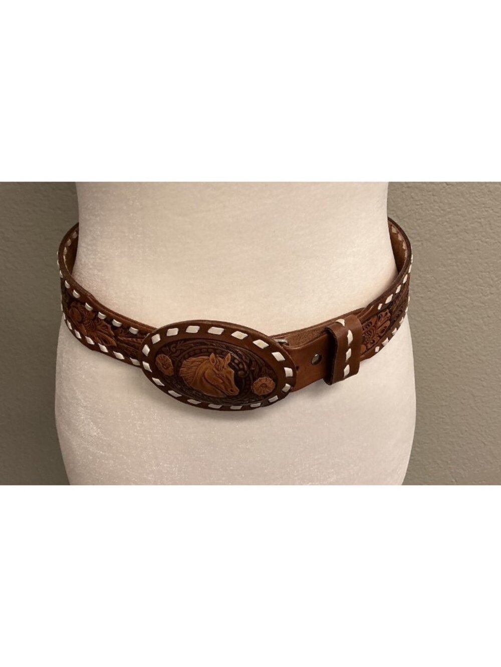 Vtg Chambers Phoenix Hand Tooled Painted Leather Belt Sz 30 Western Horse Bronco